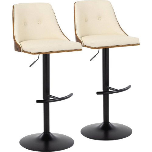 Gianna Adjustable Swivel Bar Stool in Black Metal, Walnut Wood & Cream Leatherette (Set of 2)